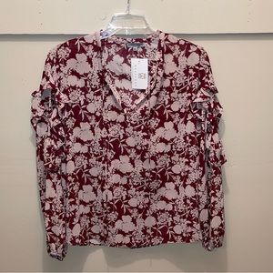NWT! Burgundy and beige floral blouse with ruffle details on sleeves. Size M/L.